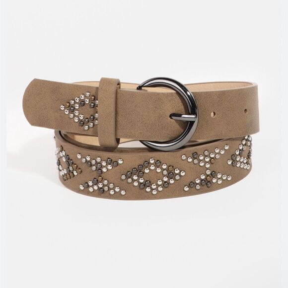 Unknown Boutique Accessories - NEW Boho Western Geometric Studded Vegan Leather Belt Khaki